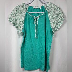 Susan Graver Pure Cotton Slub Knit Top W/Printed Flutter Sleeve Bay Breeze XXS